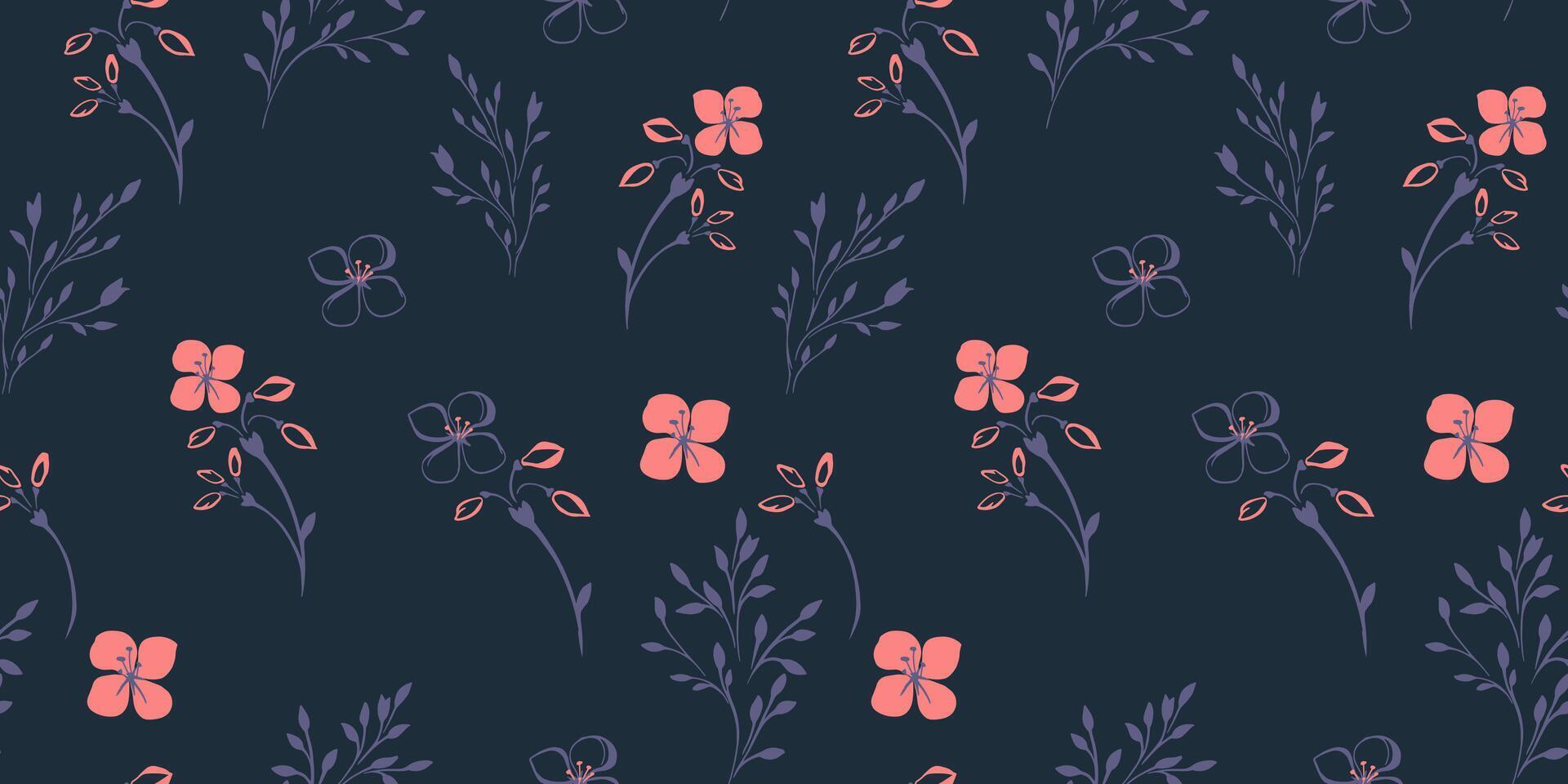 hand teckning skiss små grenar och ditsy blommor sömlös mönster. abstrakt minimalistisk mörk utskrift med mycket liten blommig stjälkar. mall för mönster, textil, papper, omslag, tyg vektor