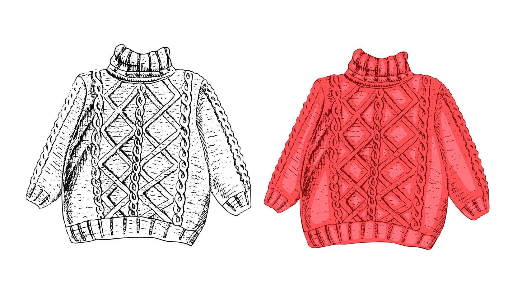 Strickpullover handgezeichnete Vektor-Illustration. die Pullover-Skizze isoliert auf weißem Hintergrund. modische Kleidung der Herbstsaison. Tuschestift Handzeichnung. vektor