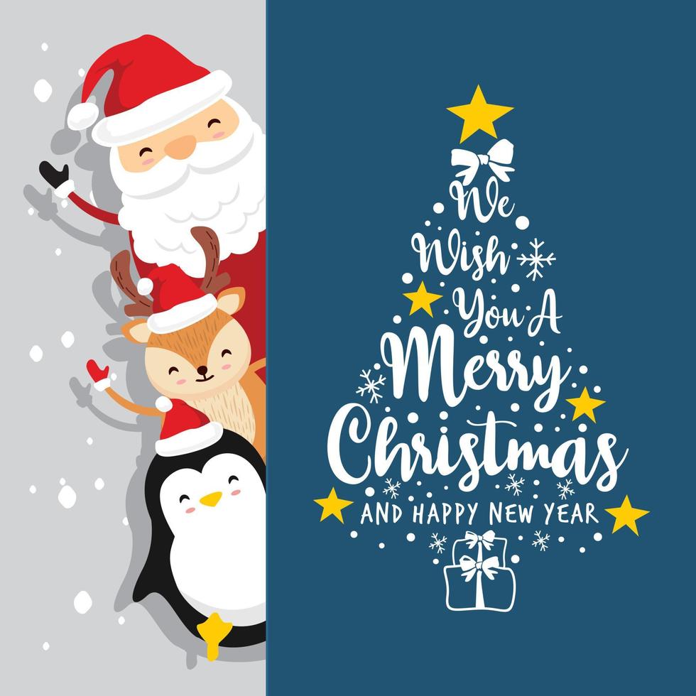 jultomten rådjur pingvin text god jul och gott nytt år - sida blå vektor