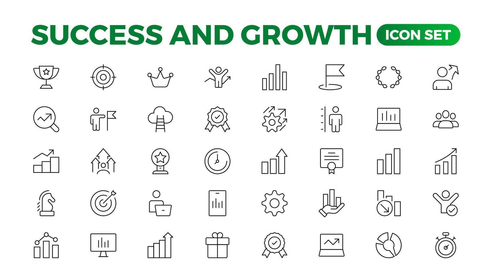 Wachstum und Erfolg Linie Symbole Sammlung. groß ui Symbol einstellen im ein eben Design. dünn Gliederung Pack. Wachstum und Erfolg Satz. erfolgreich Geschäft Entwicklung, planen Prozess Symbol. vektor