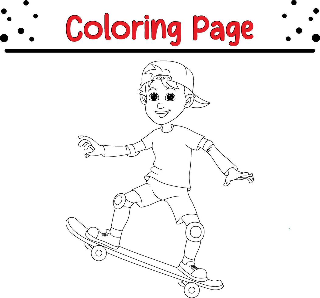 wenig Junge spielen Skateboard Färbung Buch Seite zum Kinder. vektor