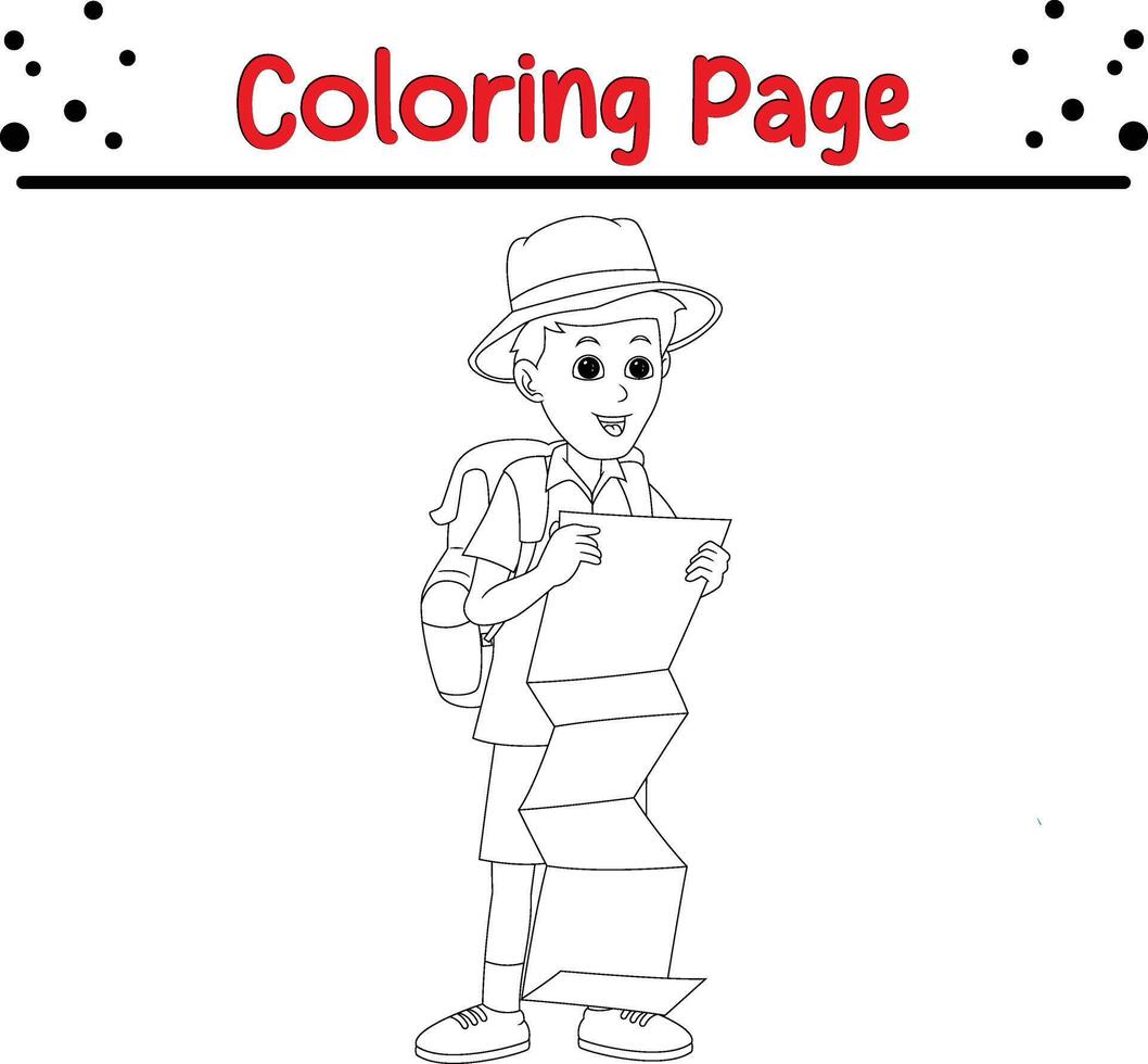 Abenteuer Junge lesen Karte Färbung Seite zum Kinder vektor