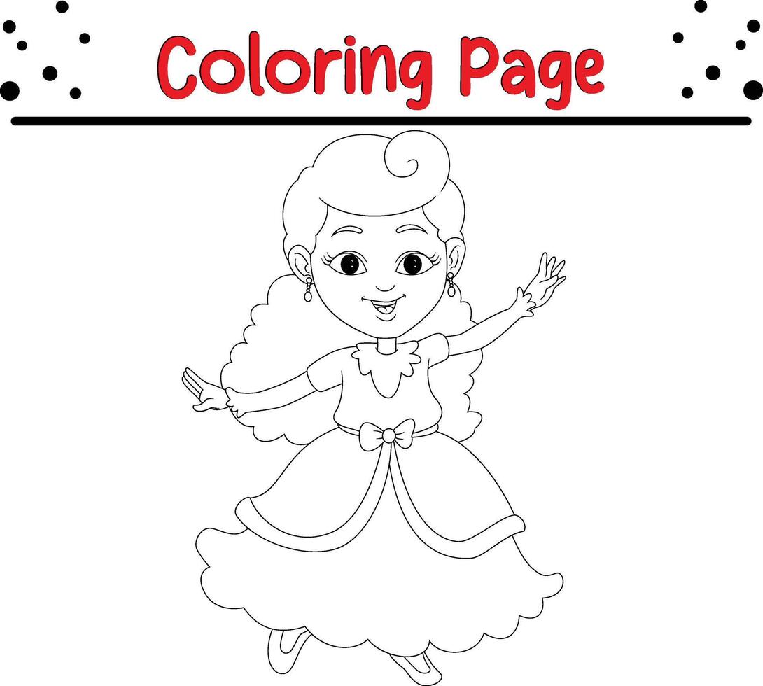 Lycklig liten flicka skön klänning färg bok sida för ungar. vektor