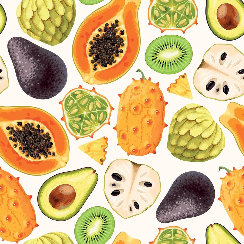 nahtlos Muster mit hoch detailliert geschnitten exotisch Früchte vektor