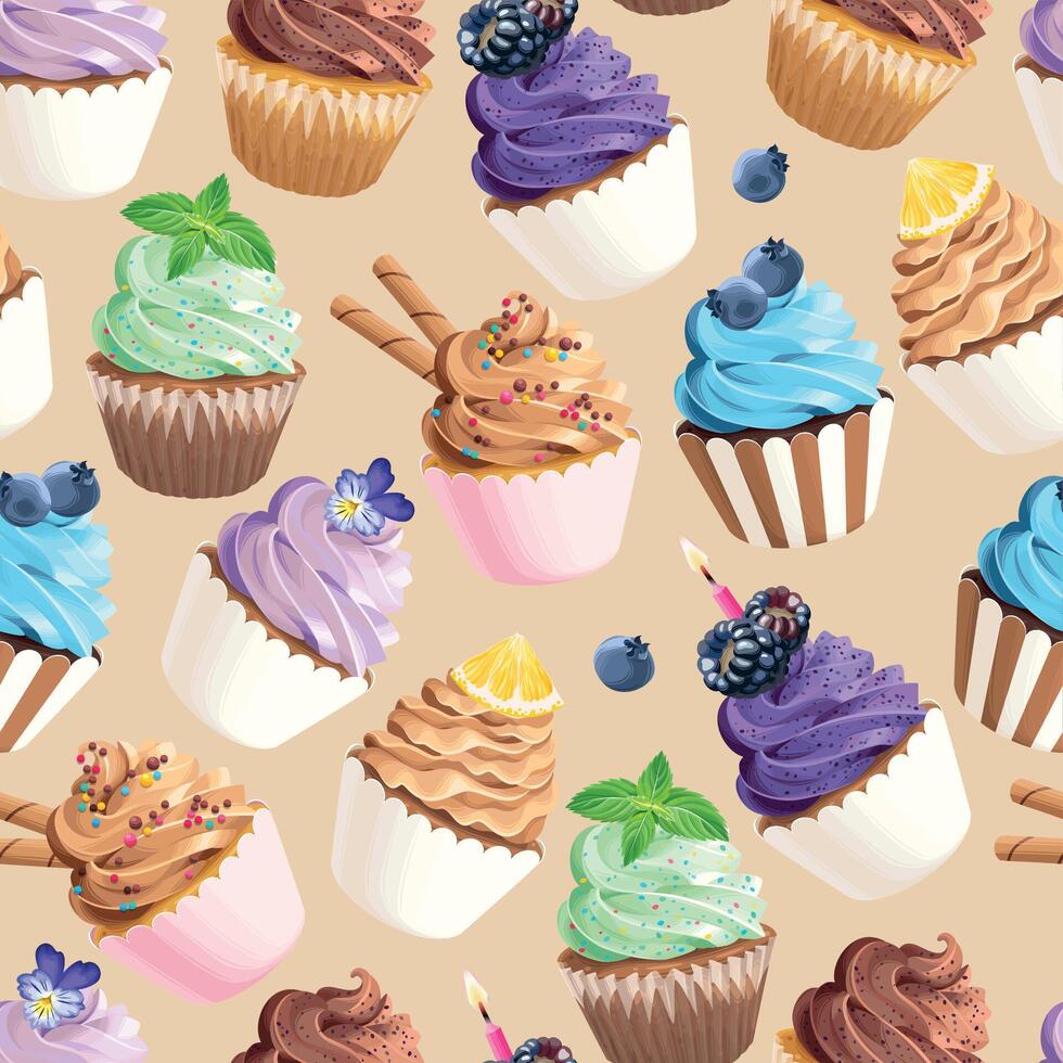 nahtlos Muster mit hoch detailliert Pastell- Farbe Cupcakes mit Beeren und Kerzen vektor