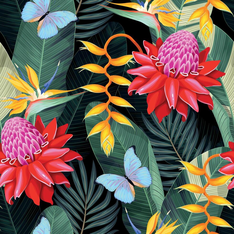 sömlös mönster med tropisk blommor och handflatan löv vektor