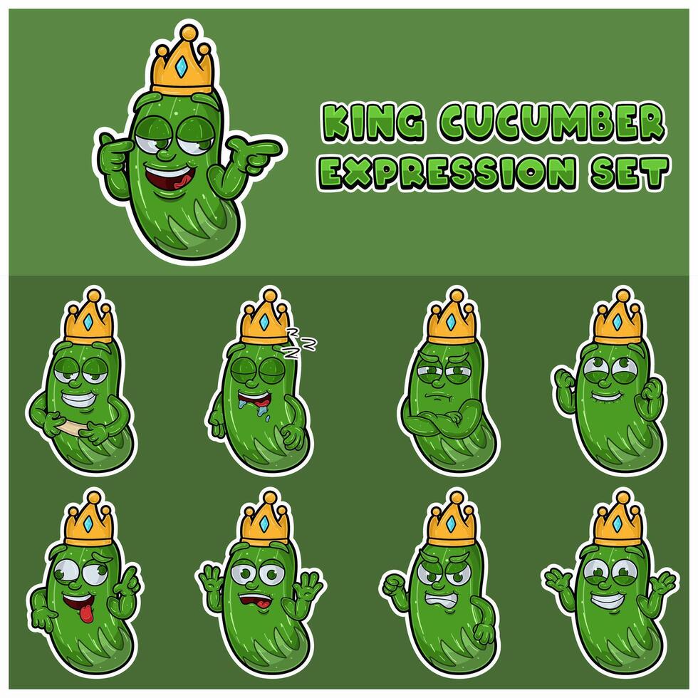 tecknad serie maskot av gurka passform karaktär med kung och uttryck uppsättning. vektor