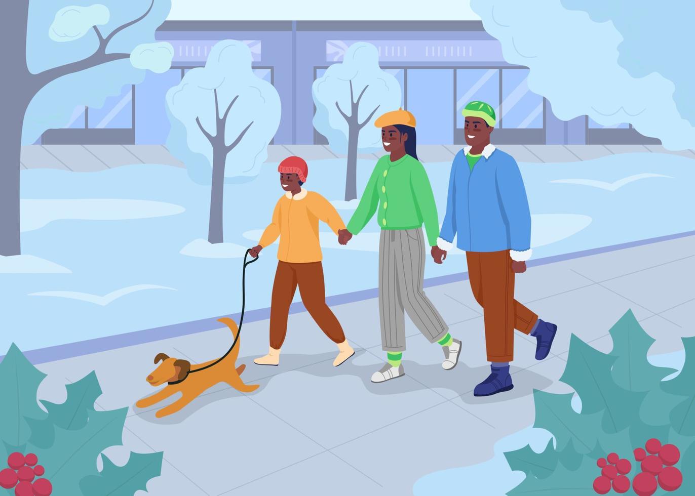 vinter promenad platt färg vektorillustration. föräldrar tillbringar tid med barn och hund i parken. storhelg. lycklig familj 2d seriefigurer med vintertid stadsbild på bakgrund vektor