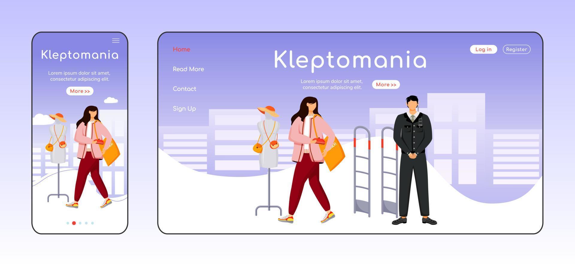 kleptomani adaptiv målsida platt färg vektor mall. butiksstöld. beroendeframkallande beteende mobil och pc hemsida layout. snatteri en sida webbplats ui. webbsida plattformsoberoende design