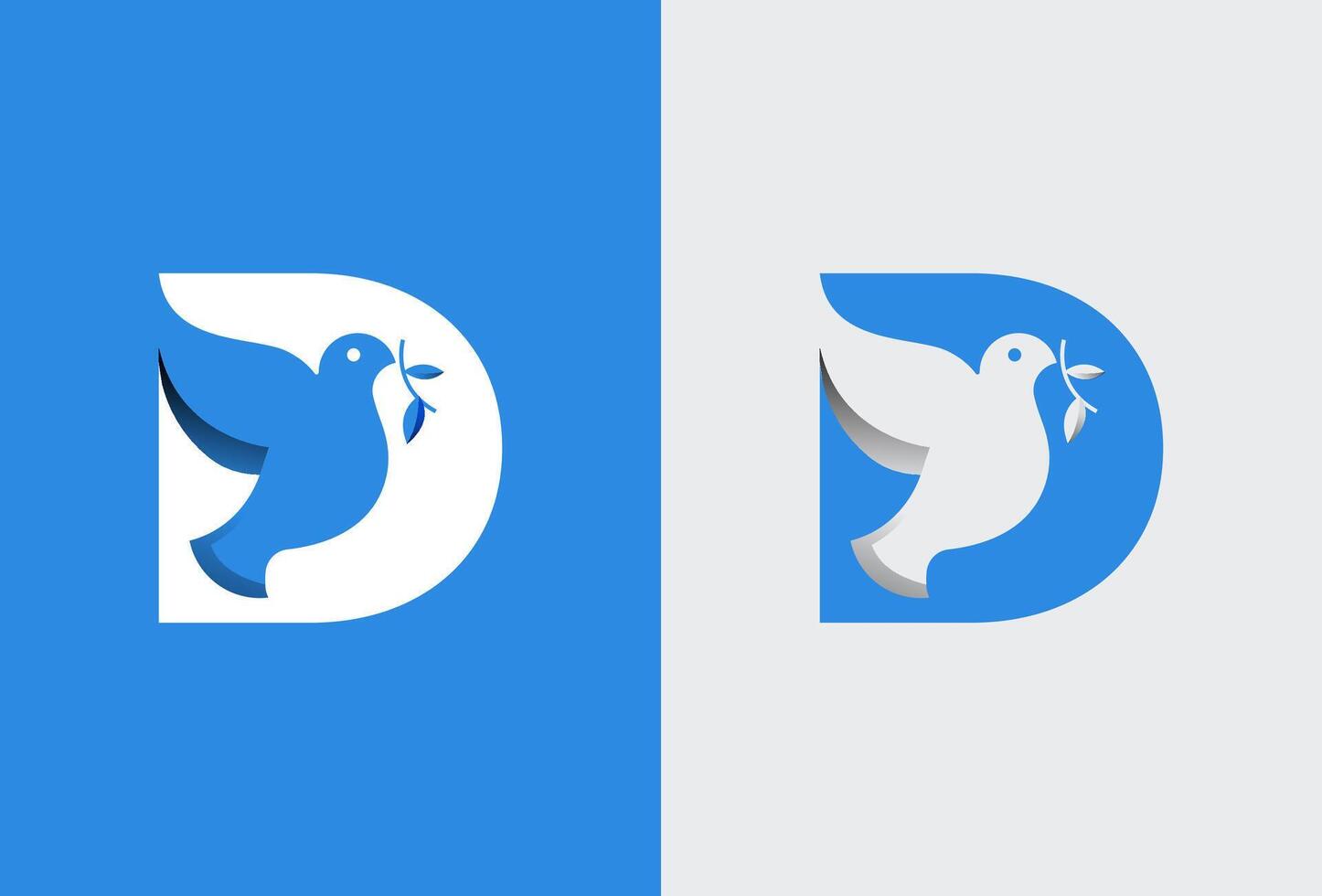 duva logotyp, brev d med negativ Plats duva fågel inuti, isolerat på bakgrund i två Färg stil, illustration vektor