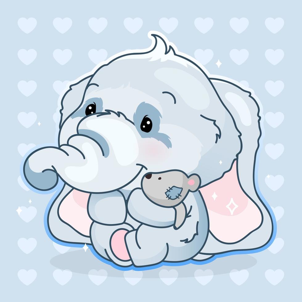 söt elefant kawaii seriefigur vektor. bedårande och roliga djur som kramar plysch mjuk leksak isolerad klistermärke, lapp. anime baby boy elefant emoji på blå bakgrund vektor