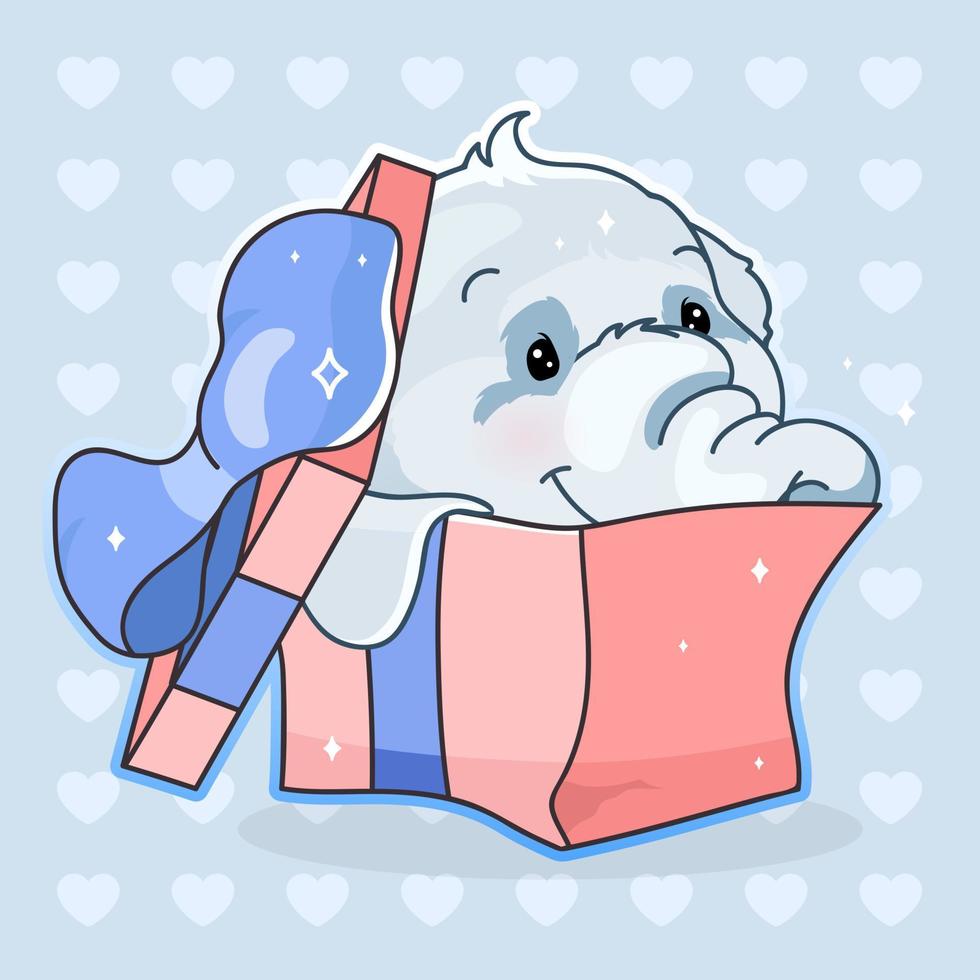 söt elefant kawaii seriefigur vektor. bedårande och roligt djur i presentförpackning med rosett isolerad klistermärke, lapp. anime baby elefant födelsedagspresent, överraskning emoji på blå bakgrund vektor