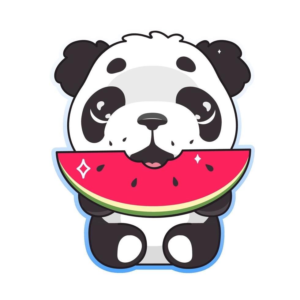 Süßer Panda, der Wassermelone kawaii Cartoon-Vektor-Charakter isst. entzückende, glückliche und lustige Tiere genießen Sommeressen isolierter Aufkleber, Patch. Anime Baby Panda Bär Emoji auf weißem Hintergrund vektor