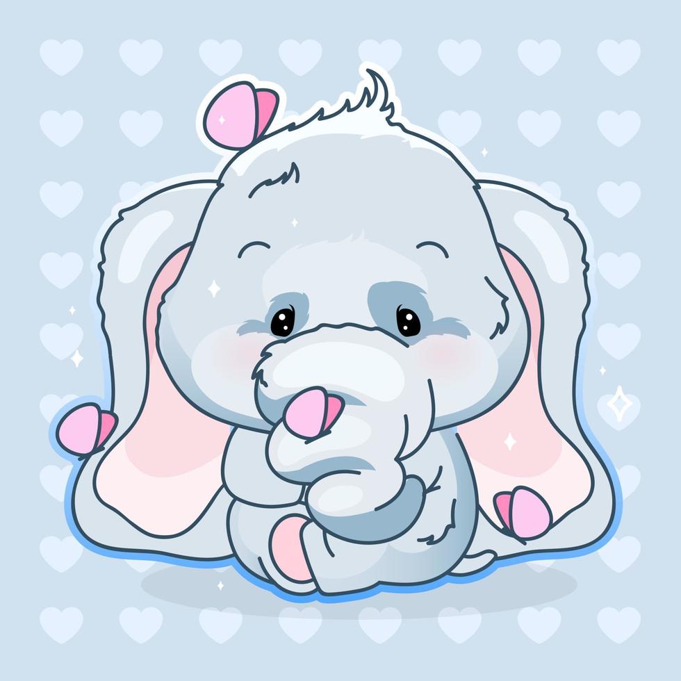 söt elefant kawaii seriefigur vektor. bedårande och roliga djur med isolerade fjärilar klistermärke, lapp, barntryck. anime baby boy elefant emoji på blå bakgrund vektor