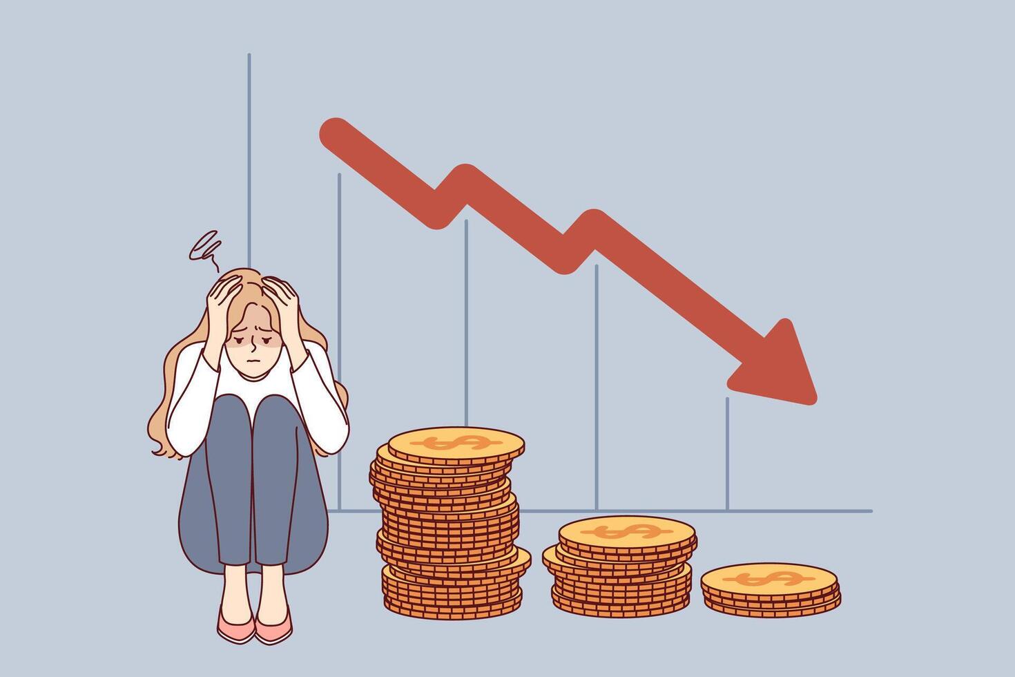 Problem von Konkurs zum Mädchen hat verloren Ersparnisse fällig zu finanziell Krise, Sitzung in der Nähe von fallen Diagramm. vektor