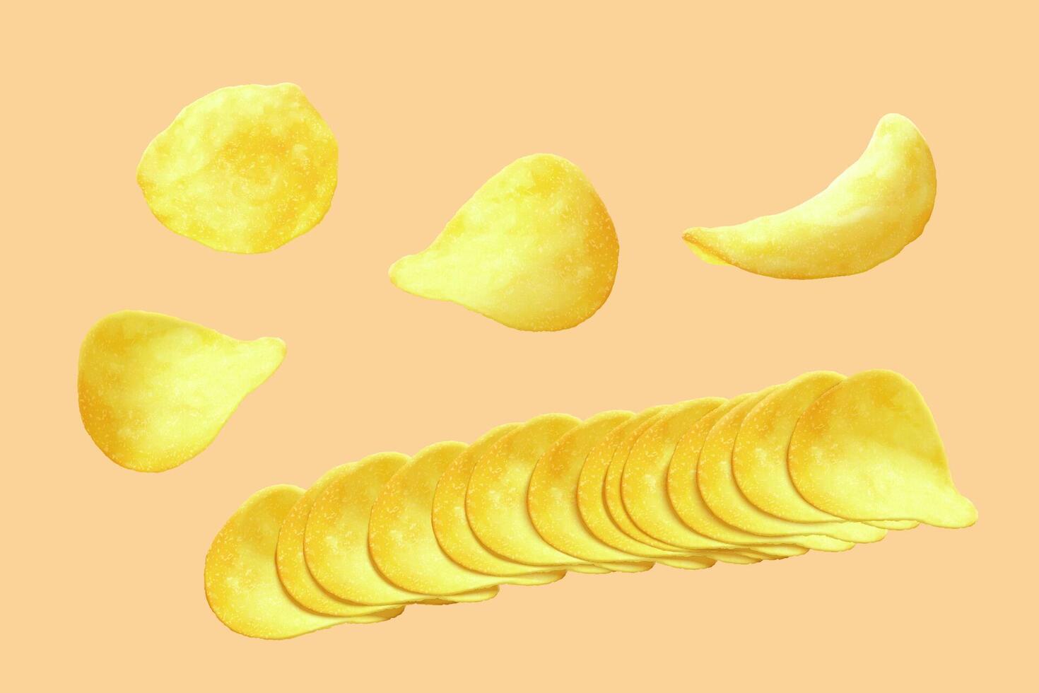 3d frisch Kartoffel Chips, etwas im ein Reihe und etwas platziert mit anders Winkel isoliert auf Licht Orange Hintergrund vektor