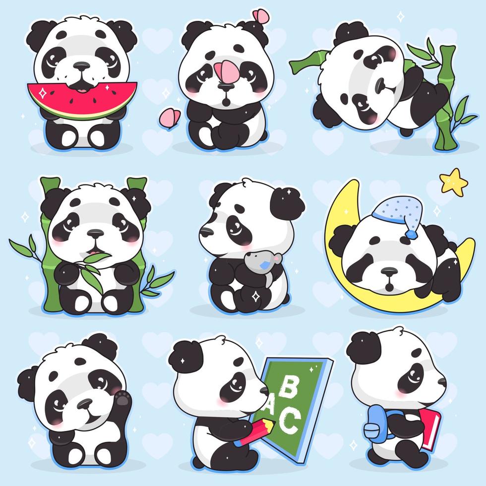 söt panda kawaii tecknade vektor tecken set. bedårande, glada och roliga djur som äter vattenmelon, isolerad bambu klistermärke, lapppaket. anime baby pandabjörn sovande emoji på blå bakgrund