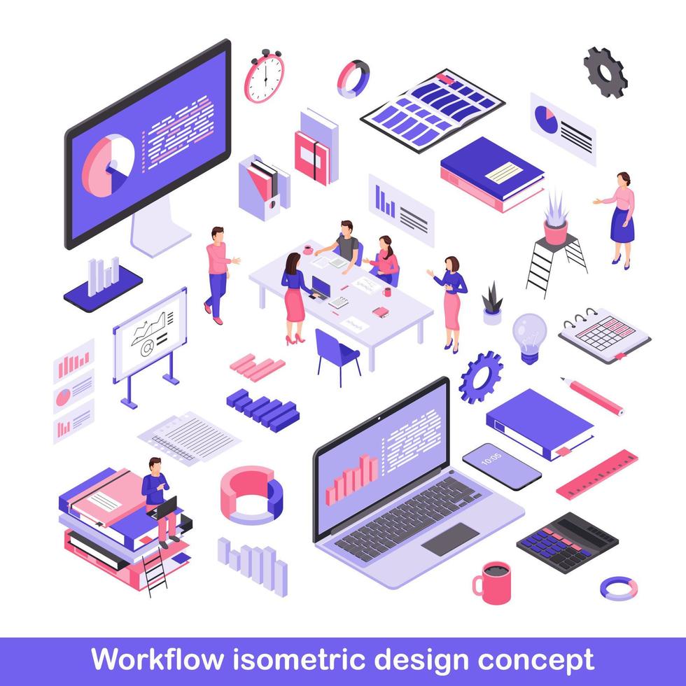 arbetsflöde isometriska vektorillustrationer set. arbetsprocessorganisation, arbetsplats, arbetsplatsartiklar. infografik, dataanalys och statistik, affärs-3d-element. stationära kontorsverktyg vektor