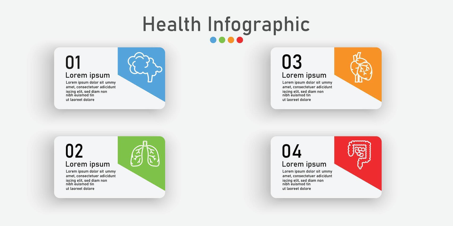 infographic hälsa vård mall för behandling och hälsa vård information presentation. fyrkant med organ ikoner och exempel meningar. modern arbetsflöde diagram. Rapportera planen 4 ämnen vektor