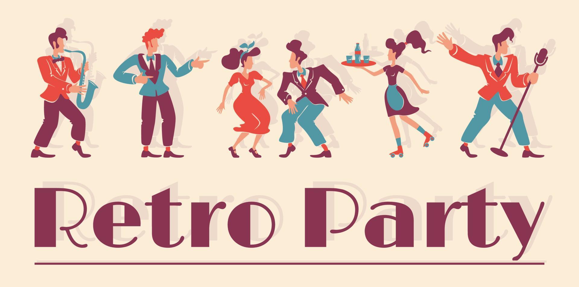 Retro Party Club Banner flache Vektorvorlage. 50er Jahre Stil Bar horizontale Poster Wortkonzepte Design. Old-School-Cartoon-Illustrationen mit Typografie und Jazzmusikern auf Vintage-Farbhintergrund vektor