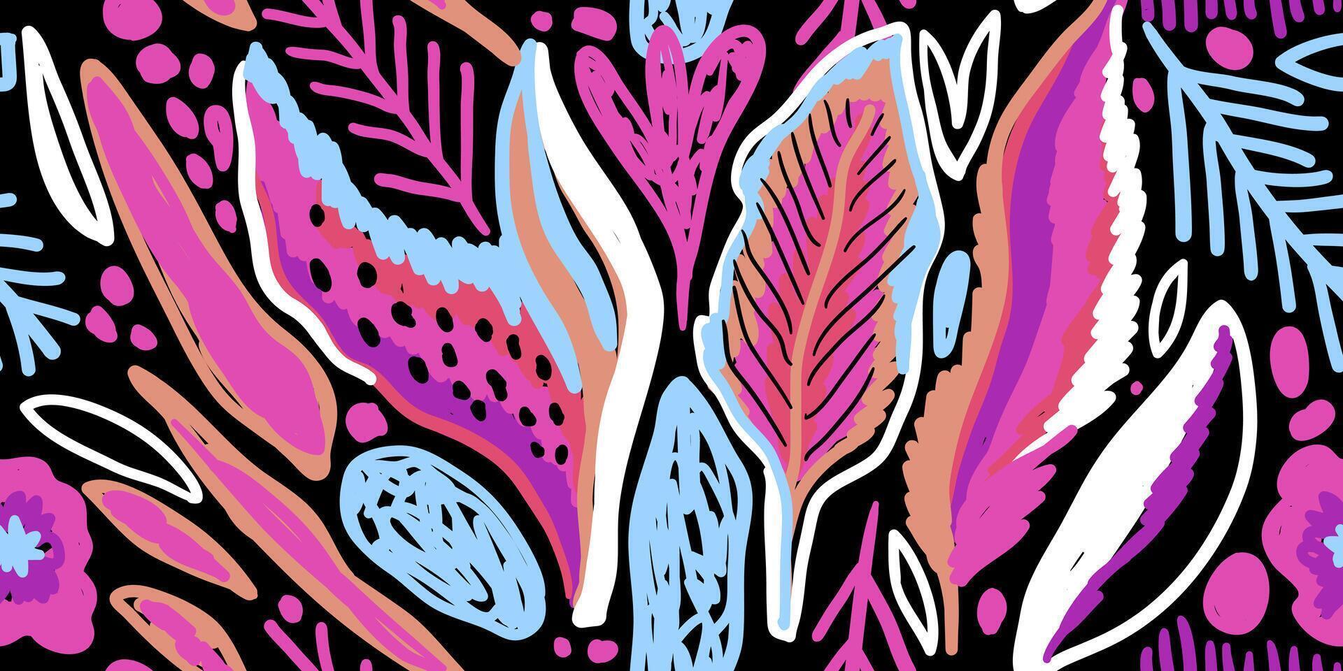 nahtlos tropisch Muster mit Pflanzen. exotisch modern Blumen- Muster mit abstrakt Elemente auf Beige Hintergrund. Hand gezeichnet Collage mit Blätter, Geäst, Blumen, Flecken, Flecken. freihändig Illustration vektor