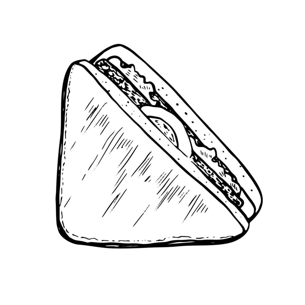 svart och vit hand dragen smörgås med ägg isolerat i vit bakgrund. snabb mat. skiss stil smörgås. triangel bröd teckning med skuggning vektor