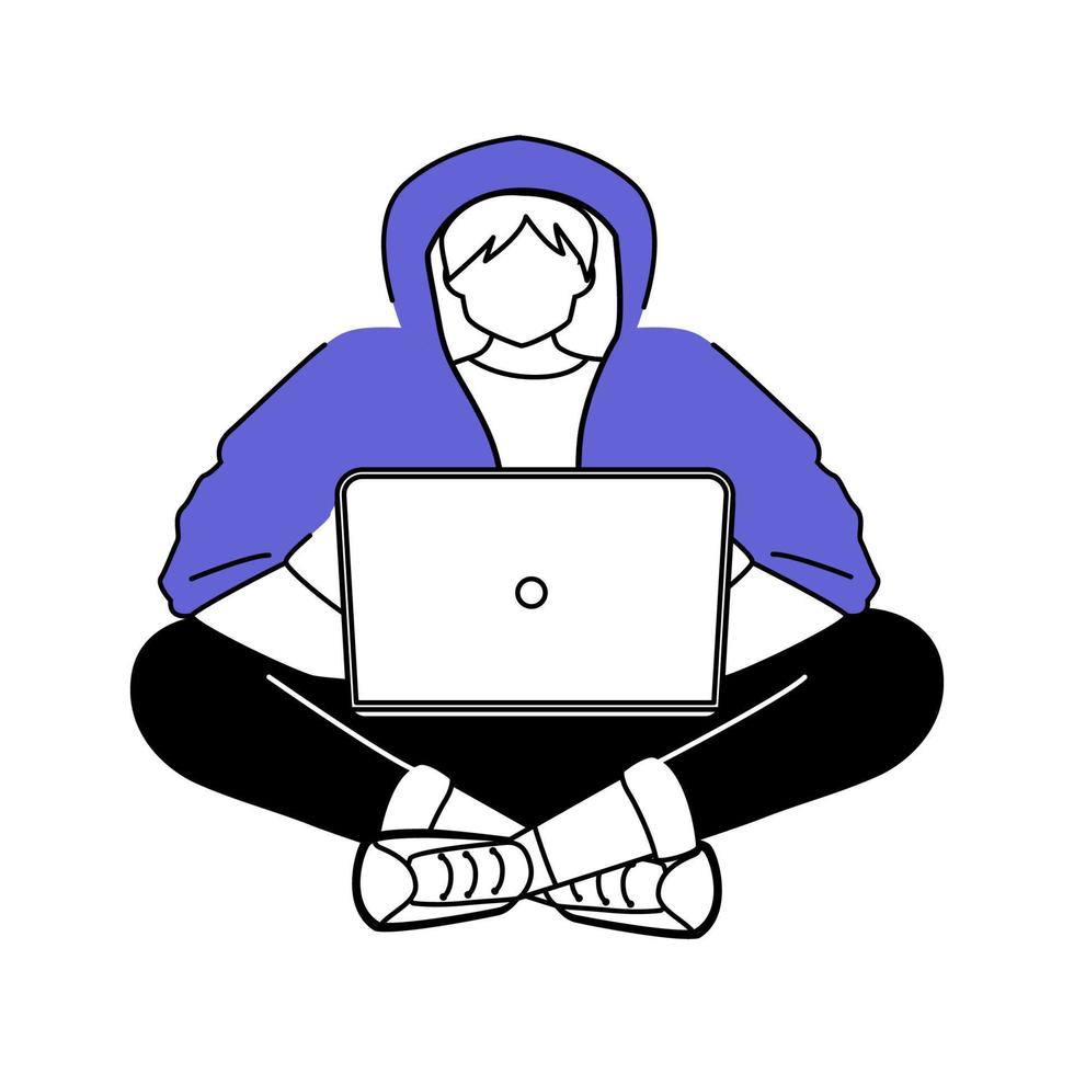 kille i hoodie med laptop platt siluett vektorillustration. ung man som arbetar hemifrån. studerande. datorhackare. 2D isolerade kontur karaktär på vit bakgrund. enkel stilritning vektor