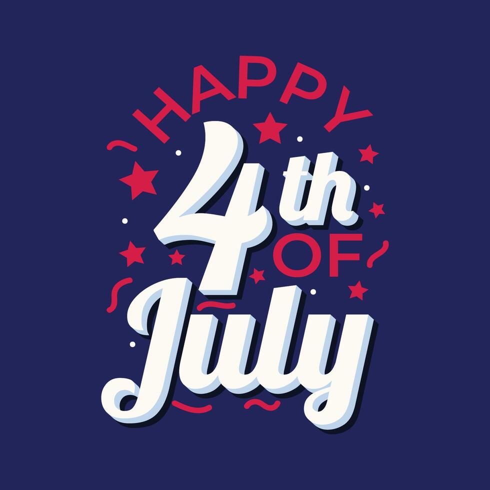 Lycklig 4:e av juli typografi baner till fira amerikan oberoende dag. fjärde av juli logotyp, baner, affisch, hälsning kort med förenad stater flagga, stjärnor. röd och blå Färg. illustration. vektor