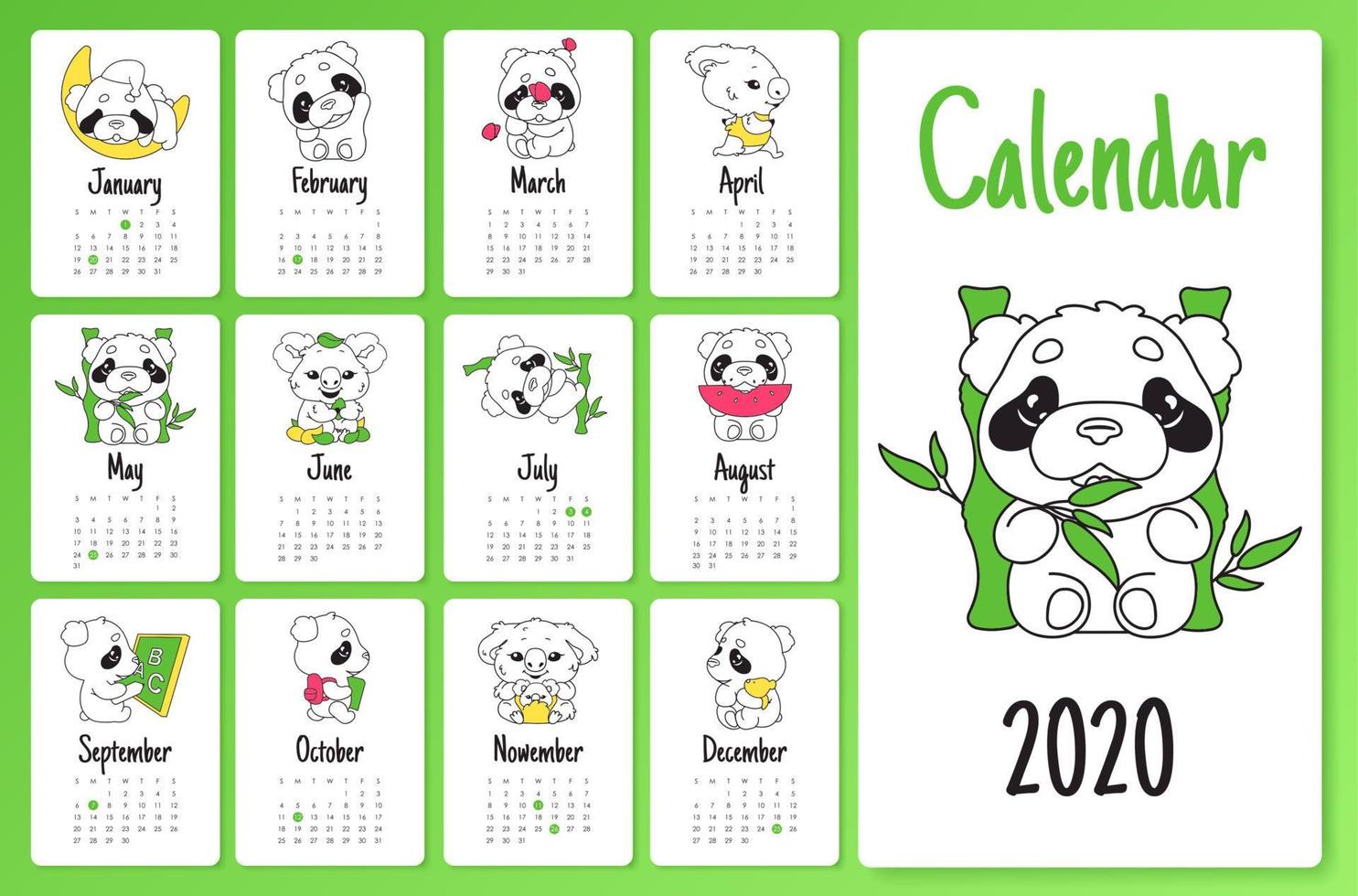 süße Faultier und Panda 2020 Kalenderdesignvorlage mit kawaii Zeichentrickfiguren. Wandposter, Kalender-Layout-Paket für kreative Seiten. kindisches, mädchenhaftes Monatsplanermodell mit Gekritzelvektortieren vektor