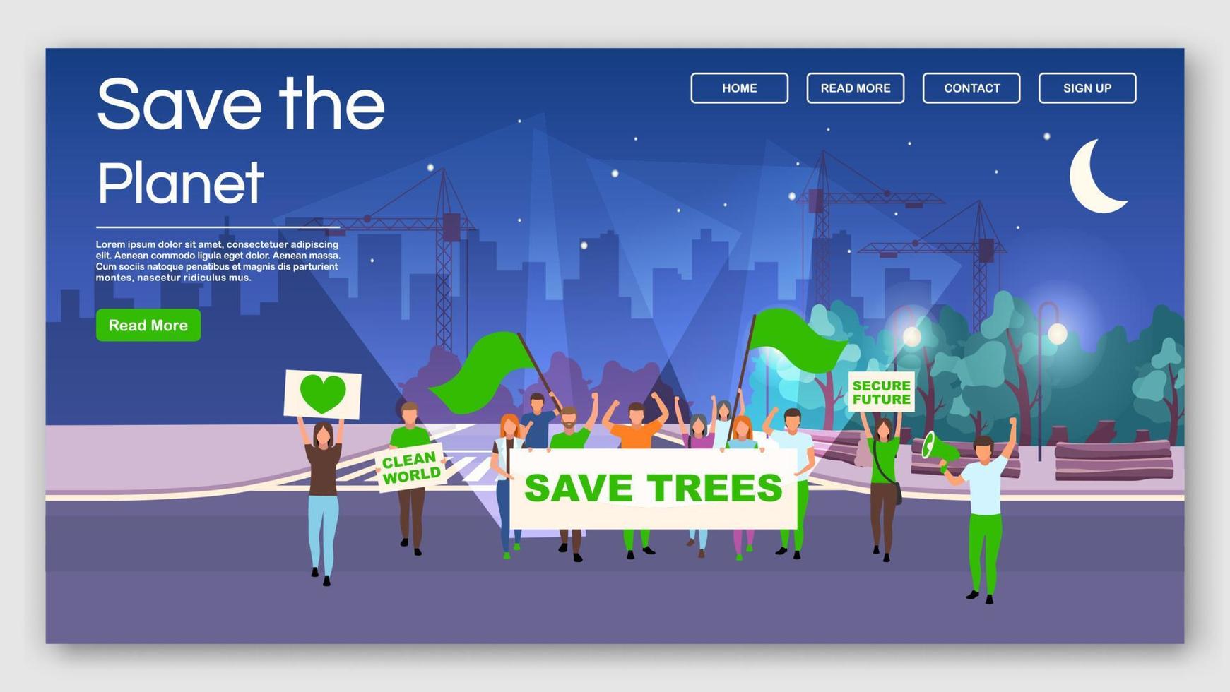 rädda planeten demonstration målsida vektor mall. miljöskydd protest action webbplats gränssnitt idé med platta illustrationer. hemsida layout, webb banner, webbsida tecknad koncept