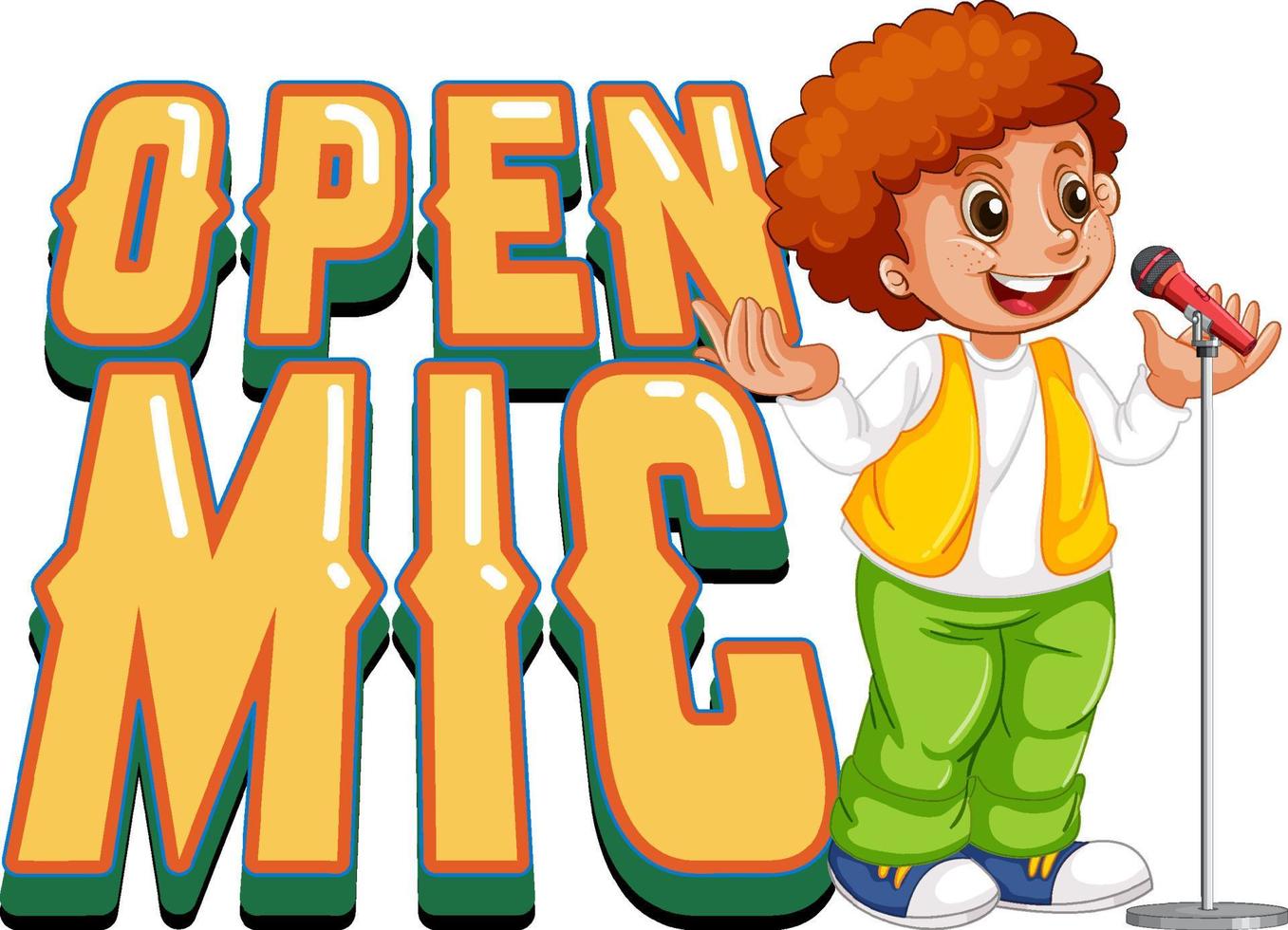 Open-Mic-Logo-Design mit Sängerjunge-Cartoon-Figur vektor