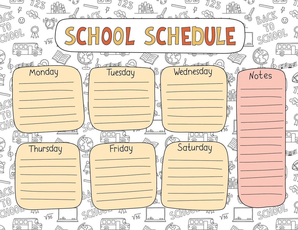 Schule Zeitplan Vorlage druckbar uns Brief Größe . wöchentlich Klasse Zeitplan, Lektion Planer Studenten, Kinder Täglich Routine Diagramm. komisch Gekritzel Hand gezeichnet Gliederung Design mit lehrreich Elemente vektor