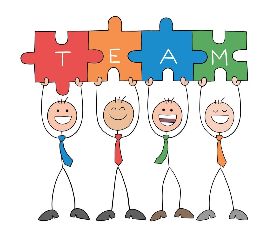 Teamwork, vier Strichmännchen-Geschäftsleute, die verbundene Team-Puzzleteile halten, handgezeichnete Umrisskarikatur-Vektorillustration. vektor