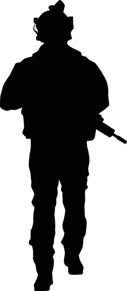 Silhouette von voll Rüstung Soldat. Militär- Männer tragen Uniform Illustration. Heer Pose mit Riffel Waffe vektor