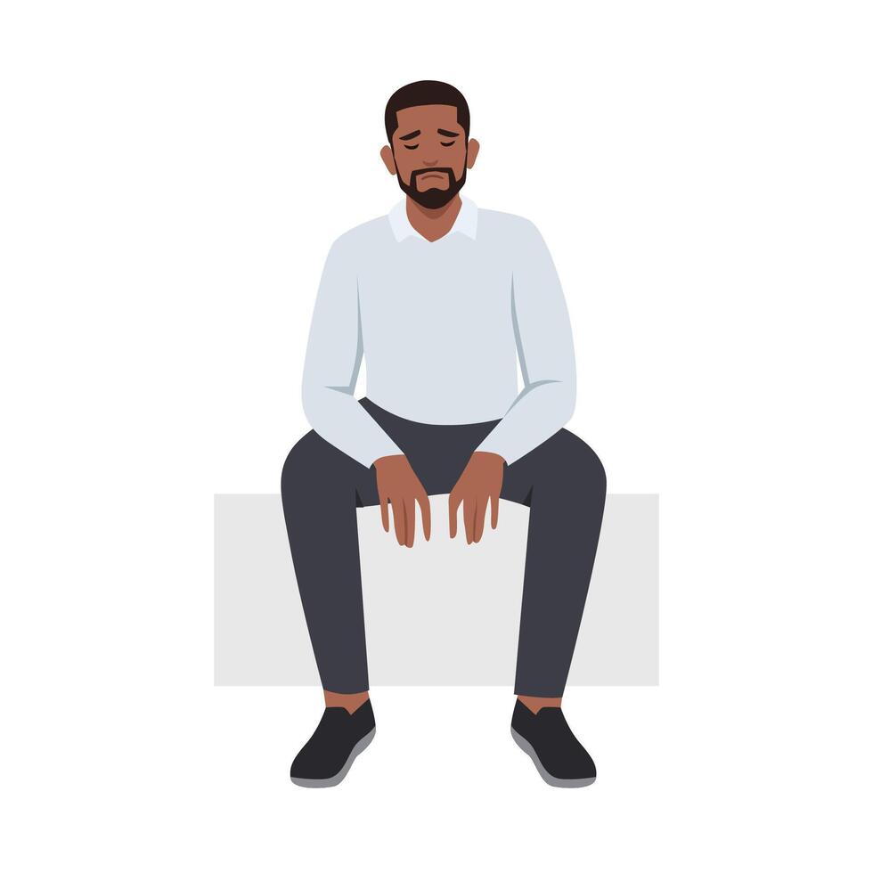 ung ensam svart man Sammanträde på en bänk. ung deprimerad manlig karaktär. vektor