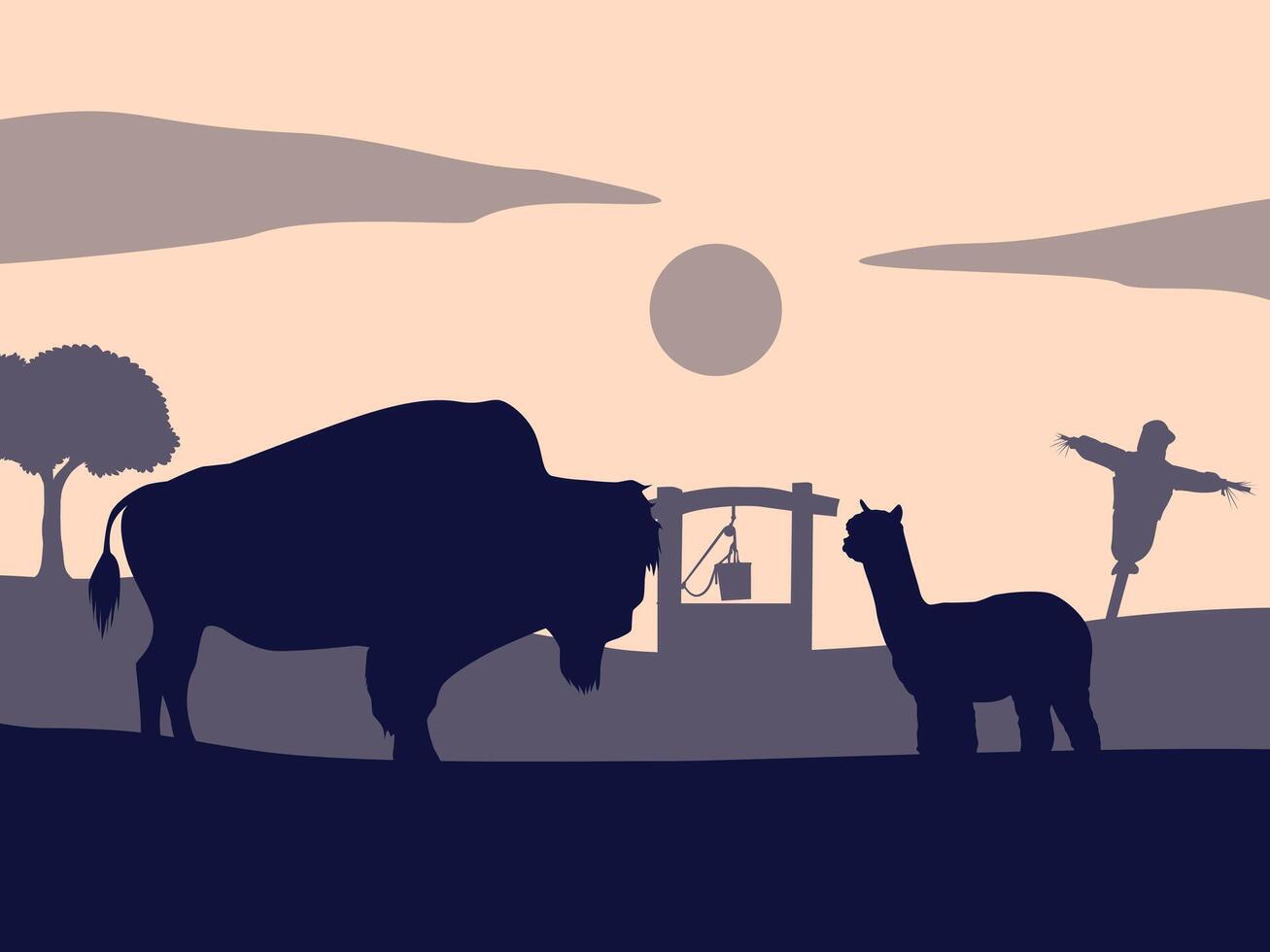 eben Illustration von Bison und Alpaka im Bauernhof live. vektor