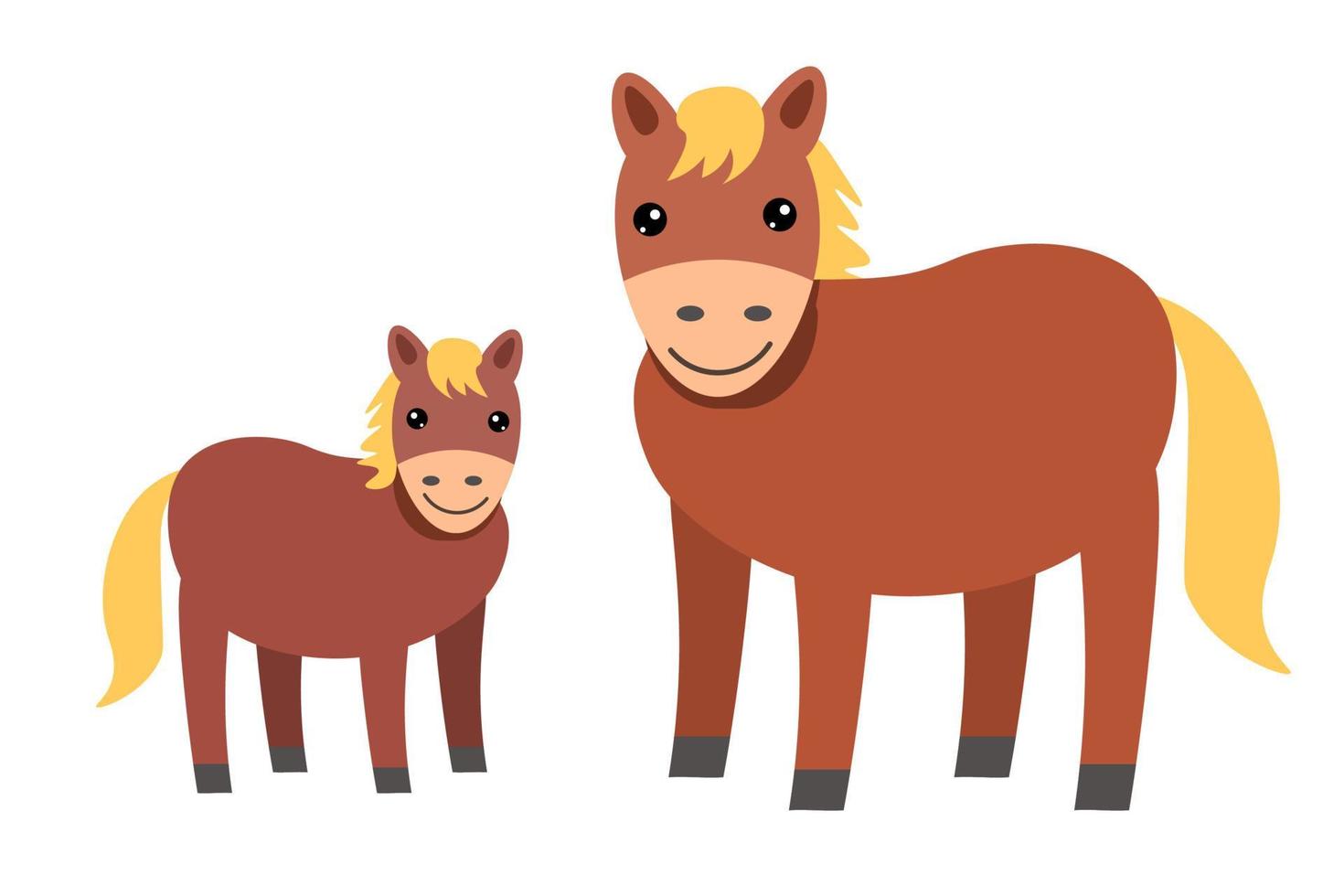 Cartoon-Pferdefamilie. Mutter und Baby. Nutztiere im flachen Stil isoliert auf weißem Hintergrund. vektor