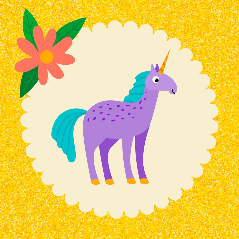 tecknad glad enhörning med blomma gratulationskort i platt stil isolerad på gul glitter bakgrund. vektor