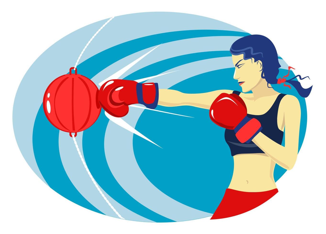 athletische junge Frau in Boxhandschuhen schlägt einen Boxsack. vektor