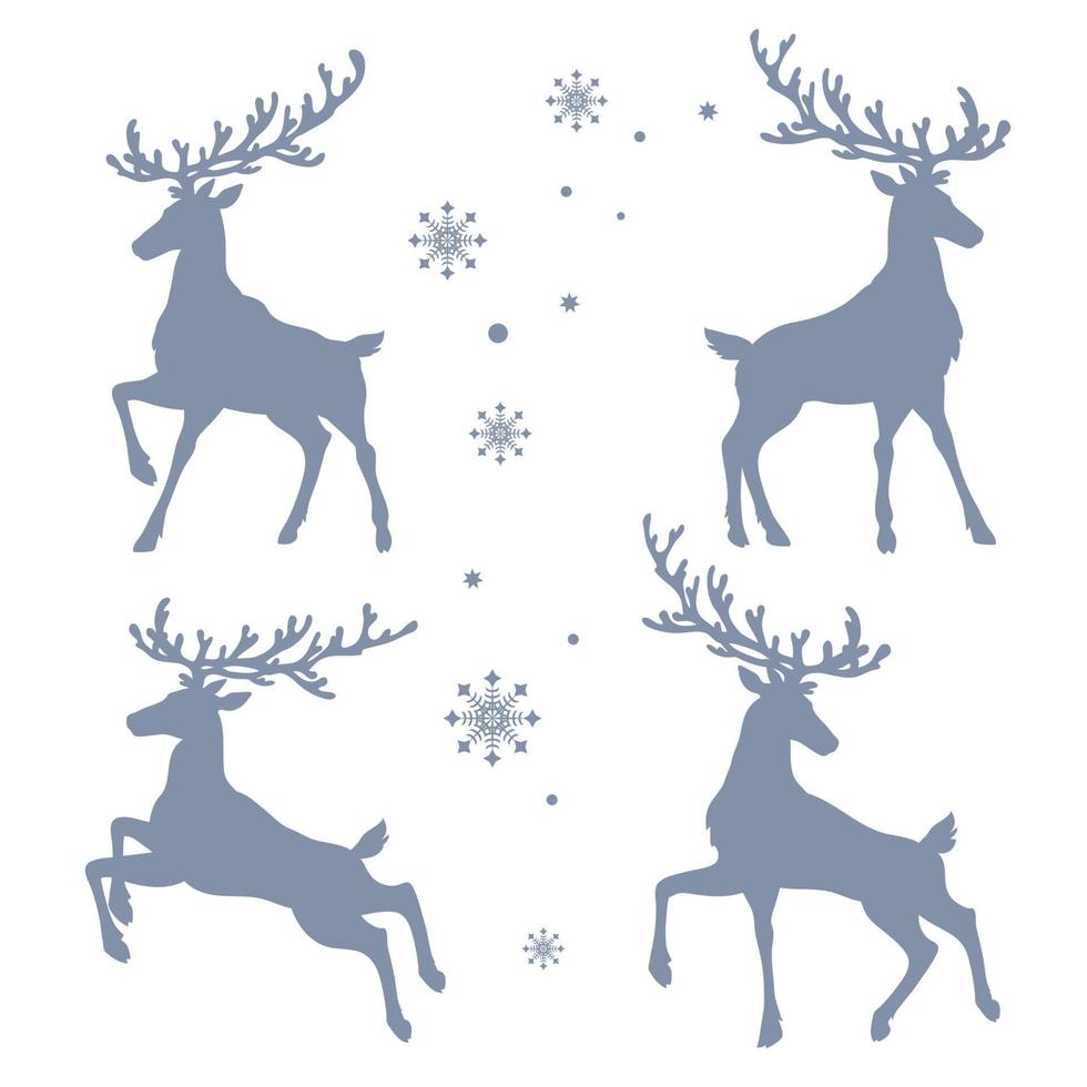 Rentier-Silhouetten. Bild von Hirschen und Schneeflocken auf weißem Hintergrund. vektor