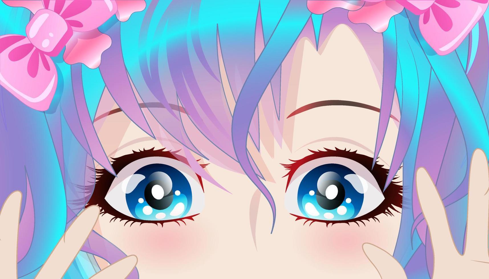 süßes Mädchen mit blauen Haaren und blauen Augen im Anime-Stil. vektor