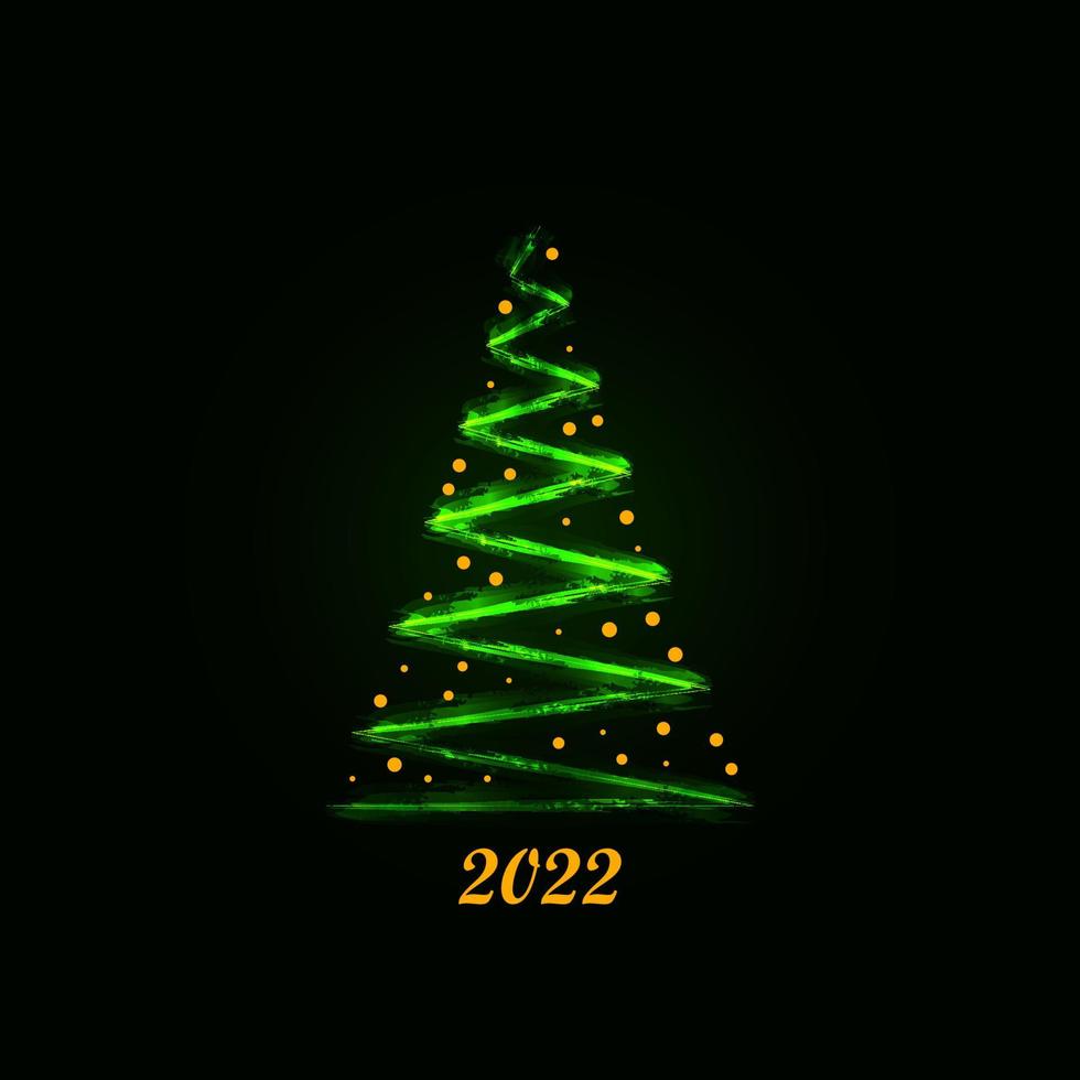 Magisch leuchtender grüner Weihnachtsbaum mit gelben Schneeflocken und Zahlen auf dunklem Hintergrund. Frohe Weihnachten und ein glückliches neues Jahr 2022. Vektor-Illustration. vektor