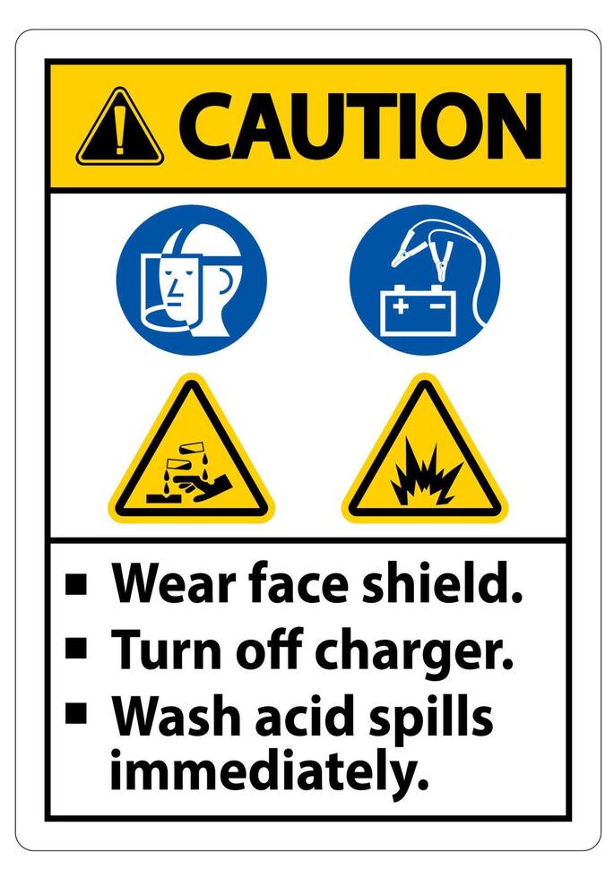 Warnschild Gesichtsschutz tragen, Ladegerät ausschalten, verschüttete Säure sofort abwaschen vektor
