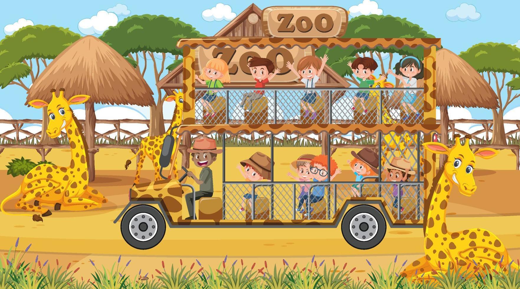 Safari in der Tagesszene mit Kindern, die eine Giraffengruppe beobachten vektor