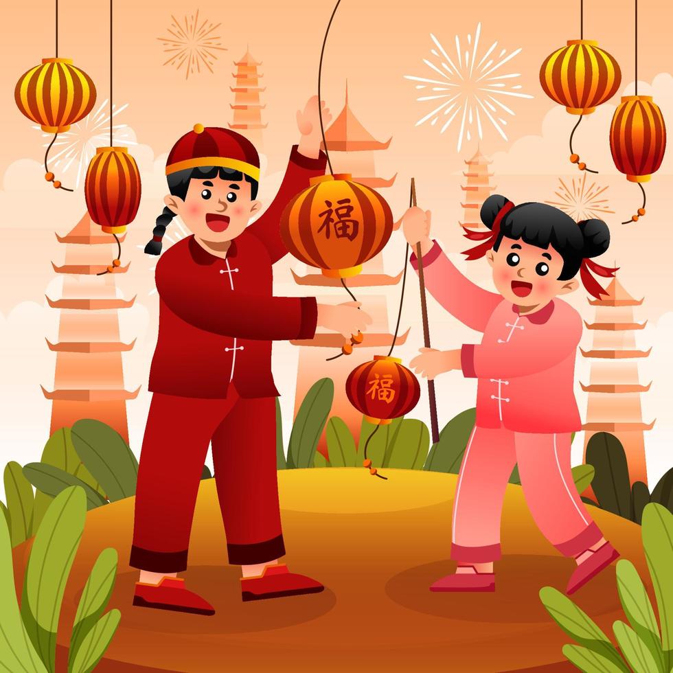 Kinder, die Laterne am chinesischen Neujahr halten vektor