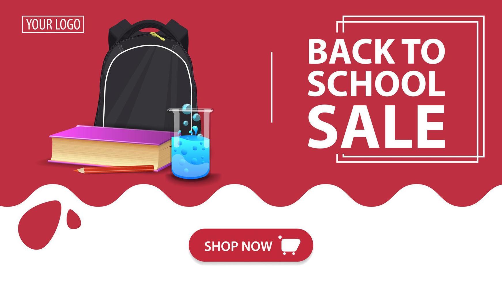 zurück zum Schulverkauf, rotes Banner mit Schulrucksack, ein Buch und eine Chemieflasche vektor