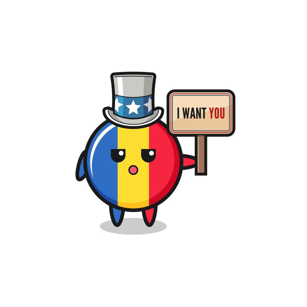 Rumänien-Flaggenkarikatur als Onkel Sam, der das Banner hält, das ich will vektor