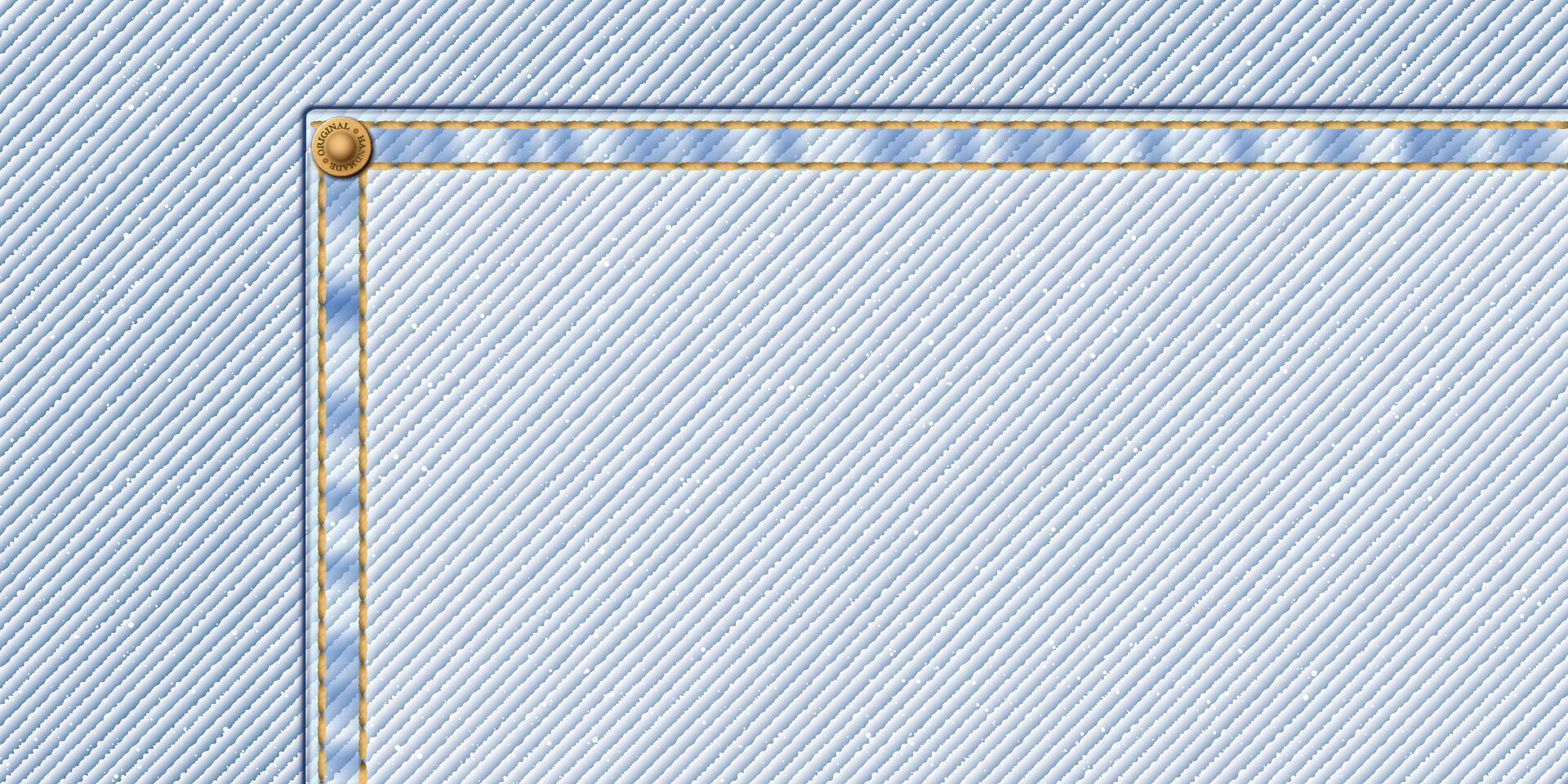 denim blå jean ljus tvätta textil- mönster bakgrund med guld sömmar, veck och mässing stift ram illustration. vektor