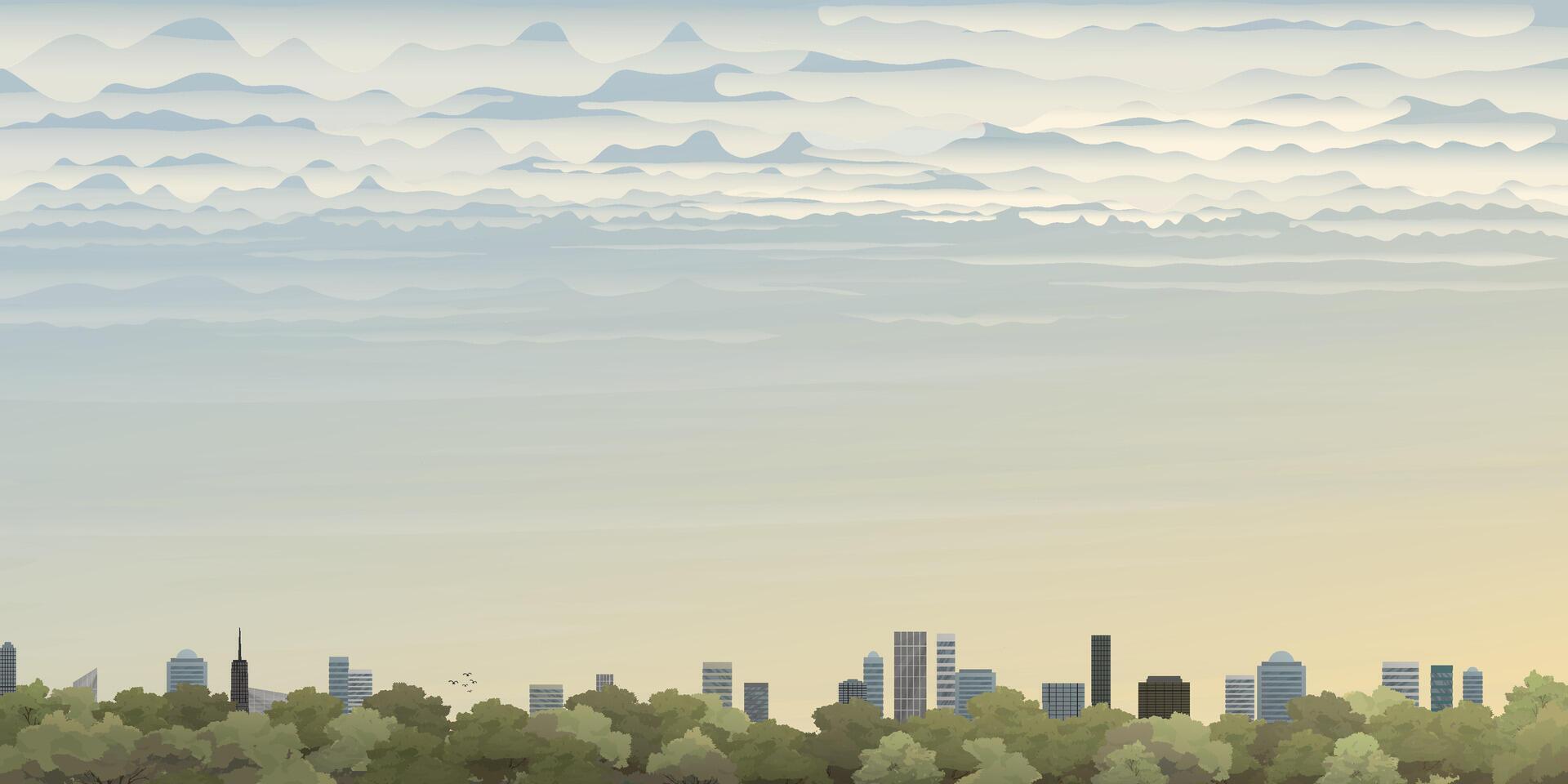 stadsbild i de morgon- illustration ha tom Plats. clouds och byggnader silhuett mot de himmel i höst platt design. vektor