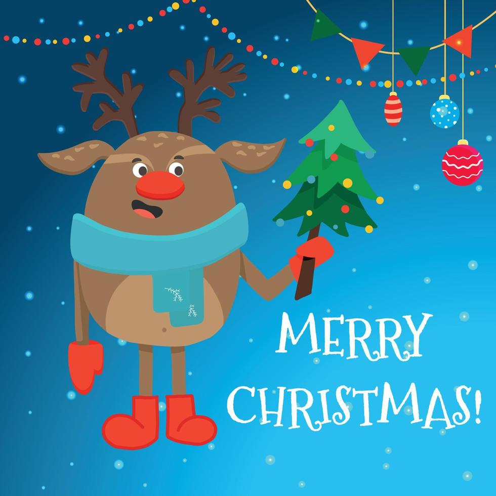 eine Weihnachtskartenvorlage mit einem Rentier der frohen Weihnachten in einem Schal und einem Weihnachtsbaum. vektor